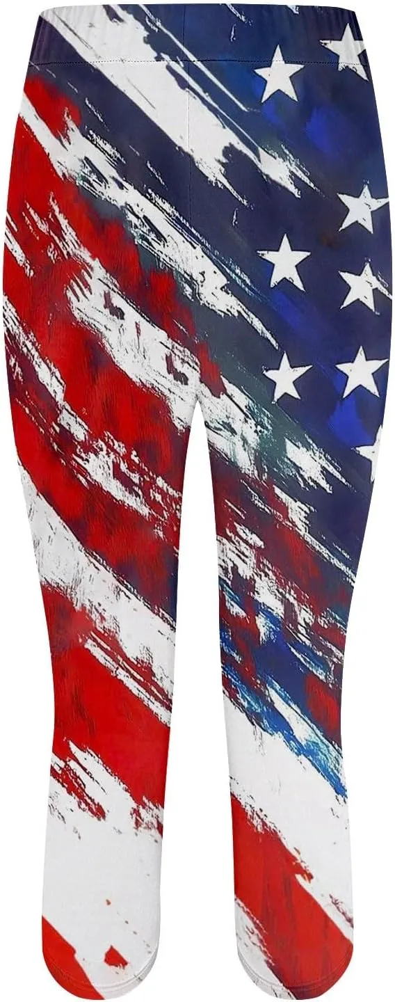 ZYXTIM American Flag Capri Leggings for Women Stretch Yoga Pants 4th of July Patriotic Star Stripes Patterned Casual Trousers