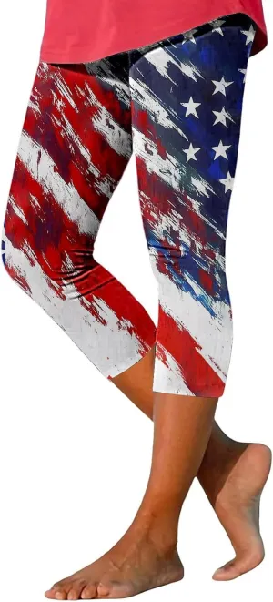 ZYXTIM American Flag Capri Leggings for Women Stretch Yoga Pants 4th of July Patriotic Star Stripes Patterned Casual Trousers